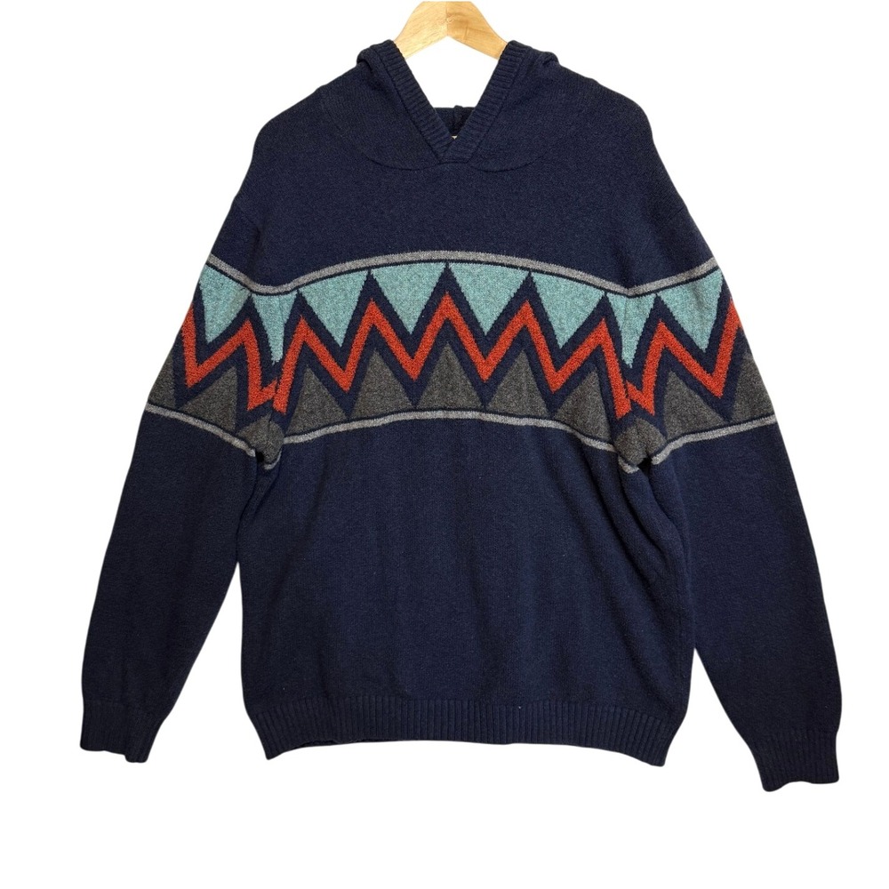 Mens Navy Blue Hoodie Sweater Geometric Tribal Pattern Size‎ L Streetwear